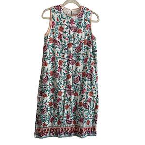 Simi Classic Wmn M White Floral Embroidered Tasseled Sleeveless Midi Shift Dress